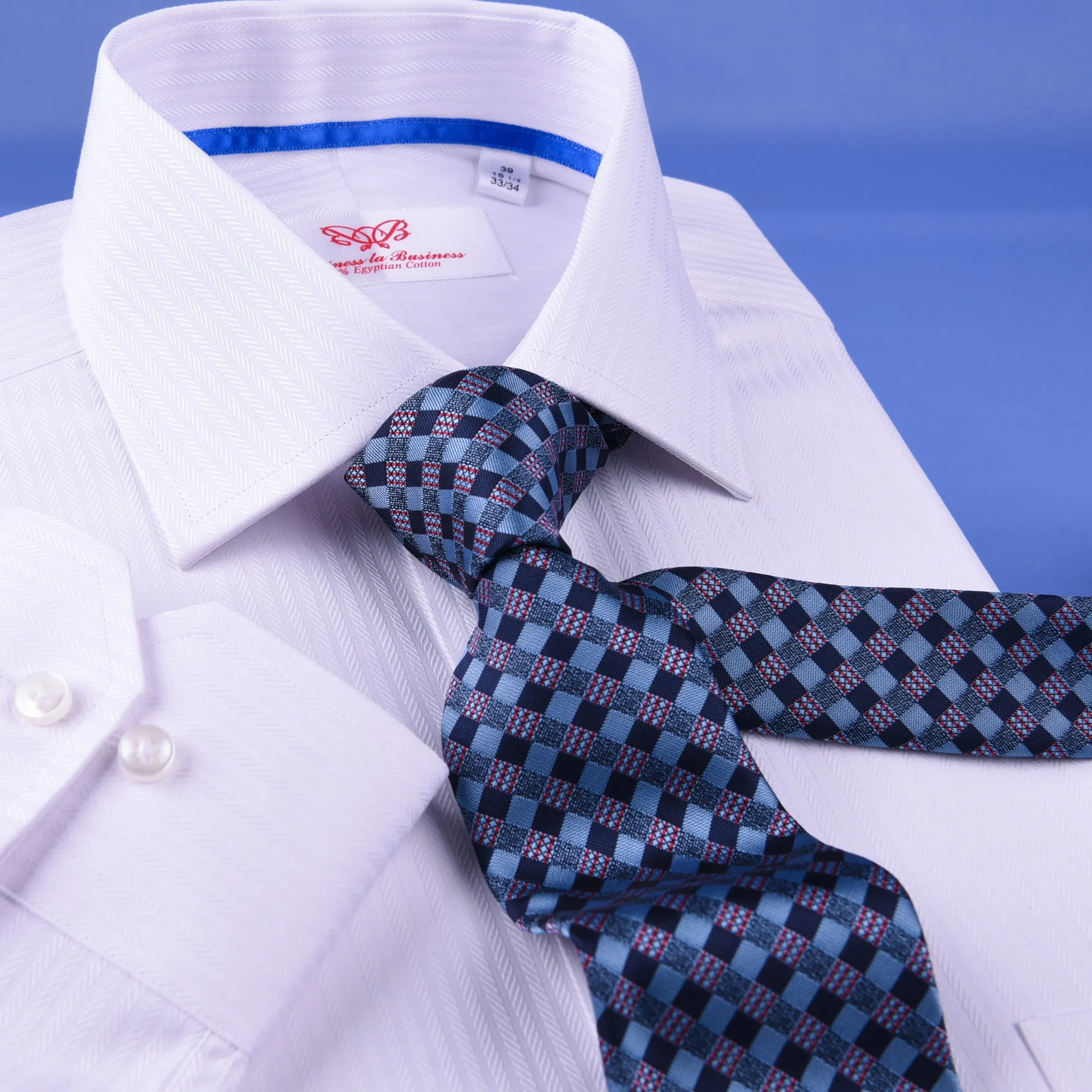 White Cotton Mini Herringbone With Blue Inner Lining For Professional Dress EgoFormal Dress Shirt This Shirt Is Designed for Professional Daily Work With Easy Care Of The Dress Shirt