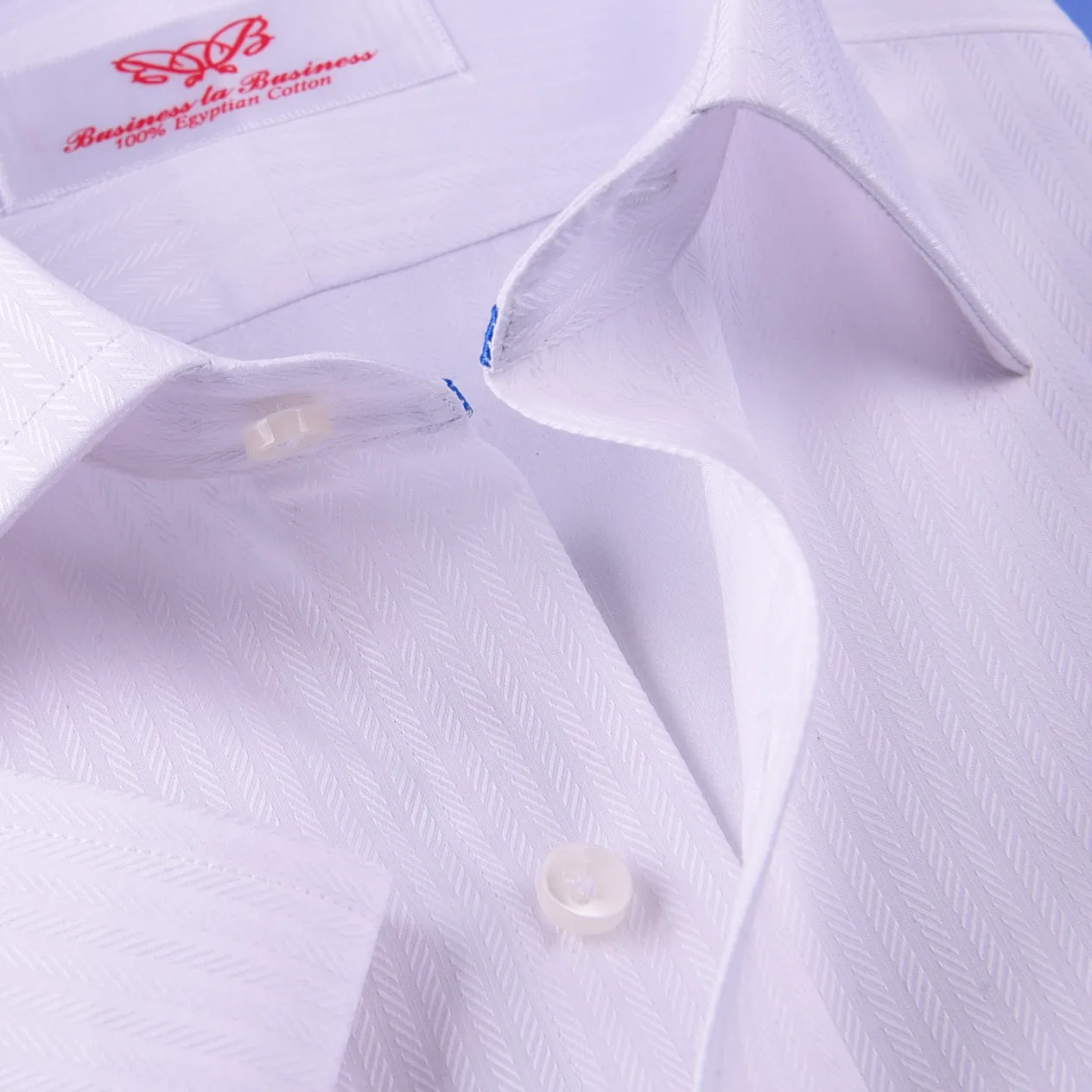 White Cotton Mini Herringbone With Blue Inner Lining For Professional Dress EgoFormal Dress Shirt This Shirt Is Designed for Professional Daily Work With Easy Care Of The Dress Shirt