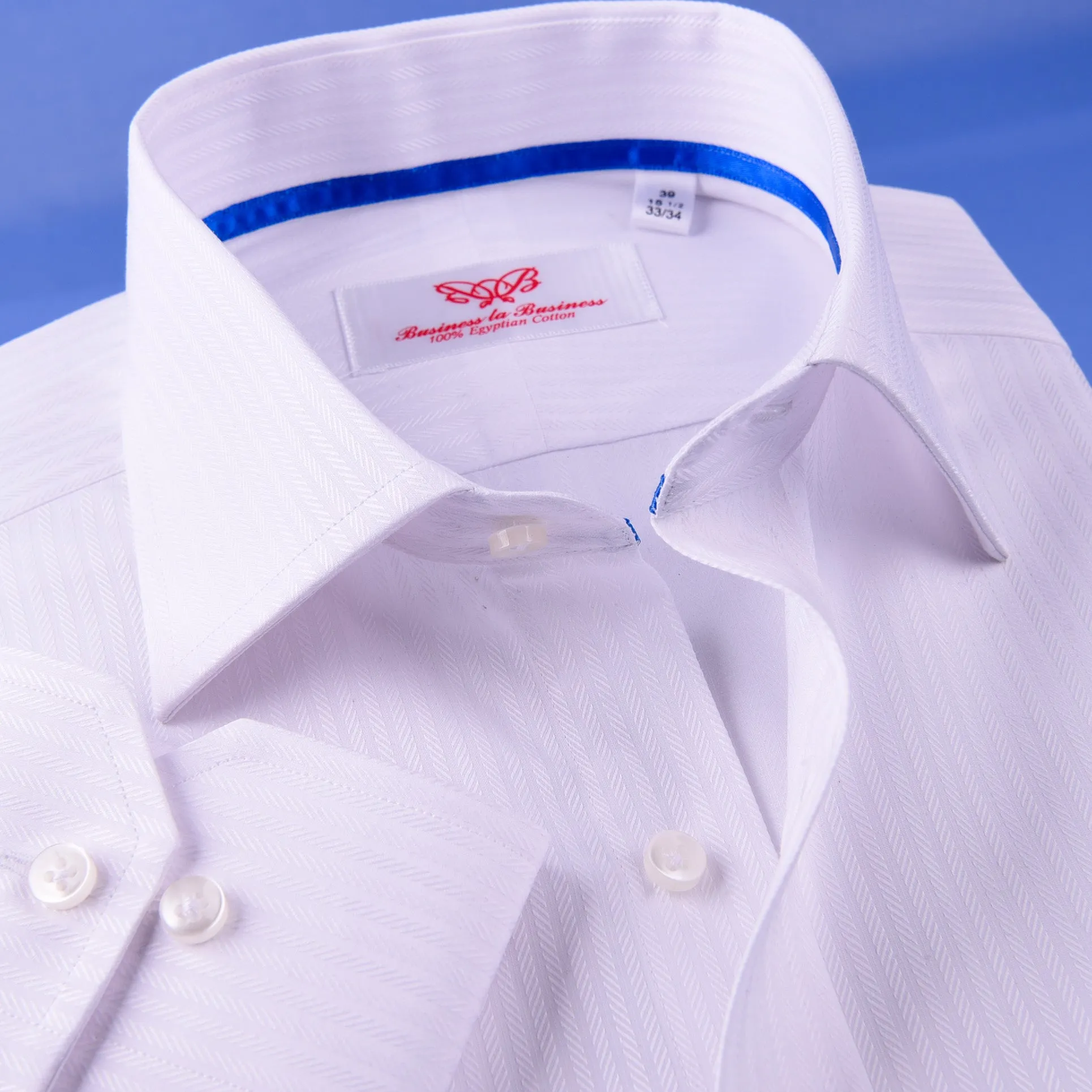 White Cotton Mini Herringbone With Blue Inner Lining For Professional Dress EgoFormal Dress Shirt This Shirt Is Designed for Professional Daily Work With Easy Care Of The Dress Shirt