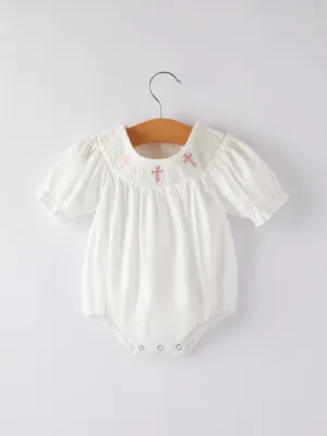 White Smocking Embroidered Crucifix Girls Romper