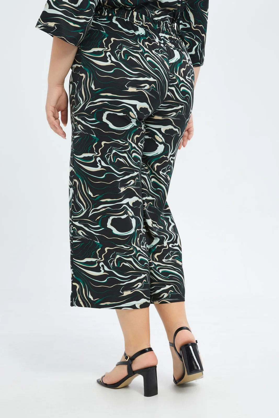 Women Black Printed Wide Leg Elasticated Waist Trouser