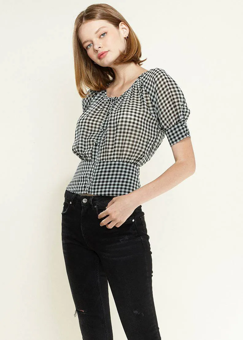 Women's Button Down Peplum Cropped Blouse in Black