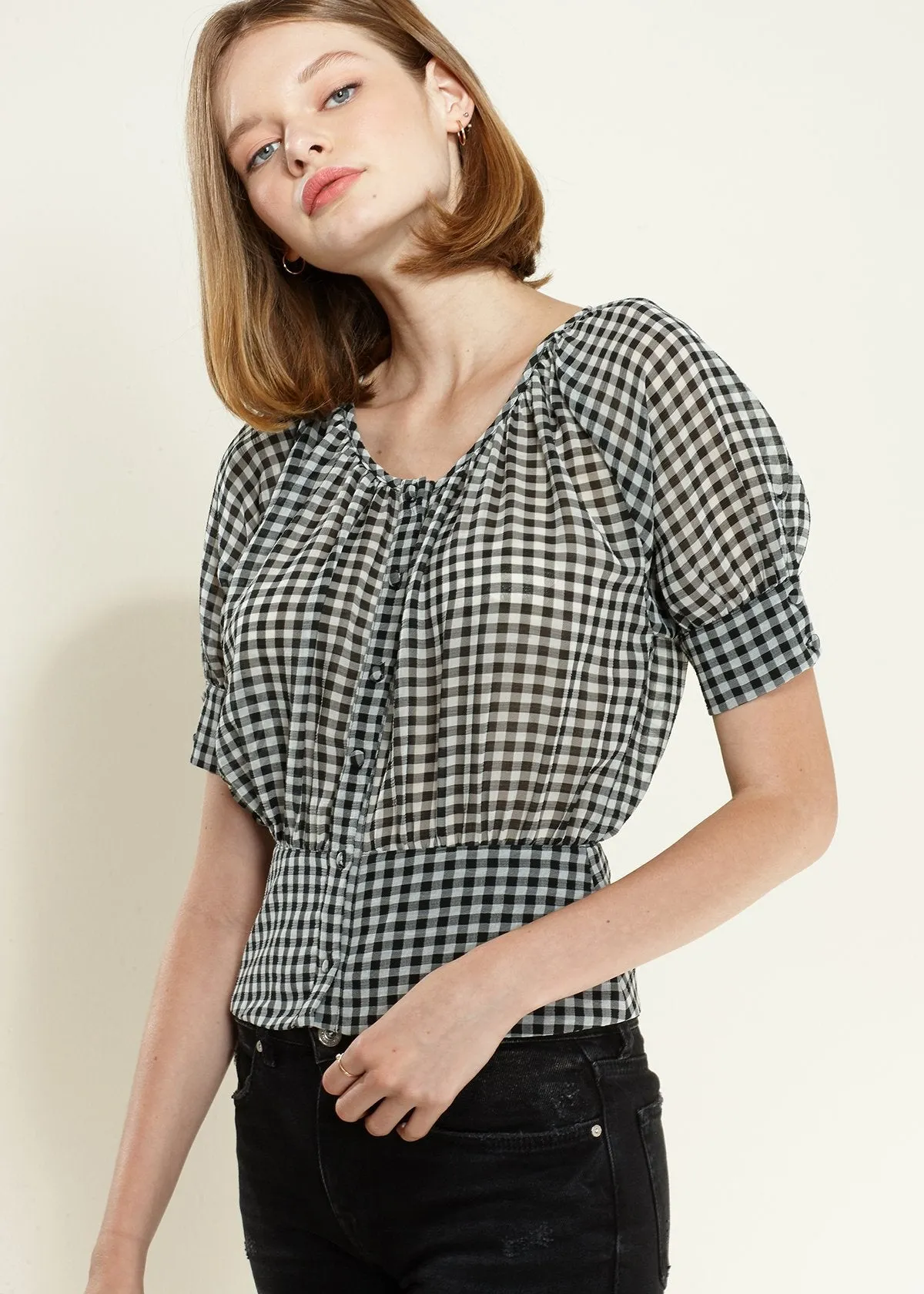 Women's Button Down Peplum Cropped Blouse in Black