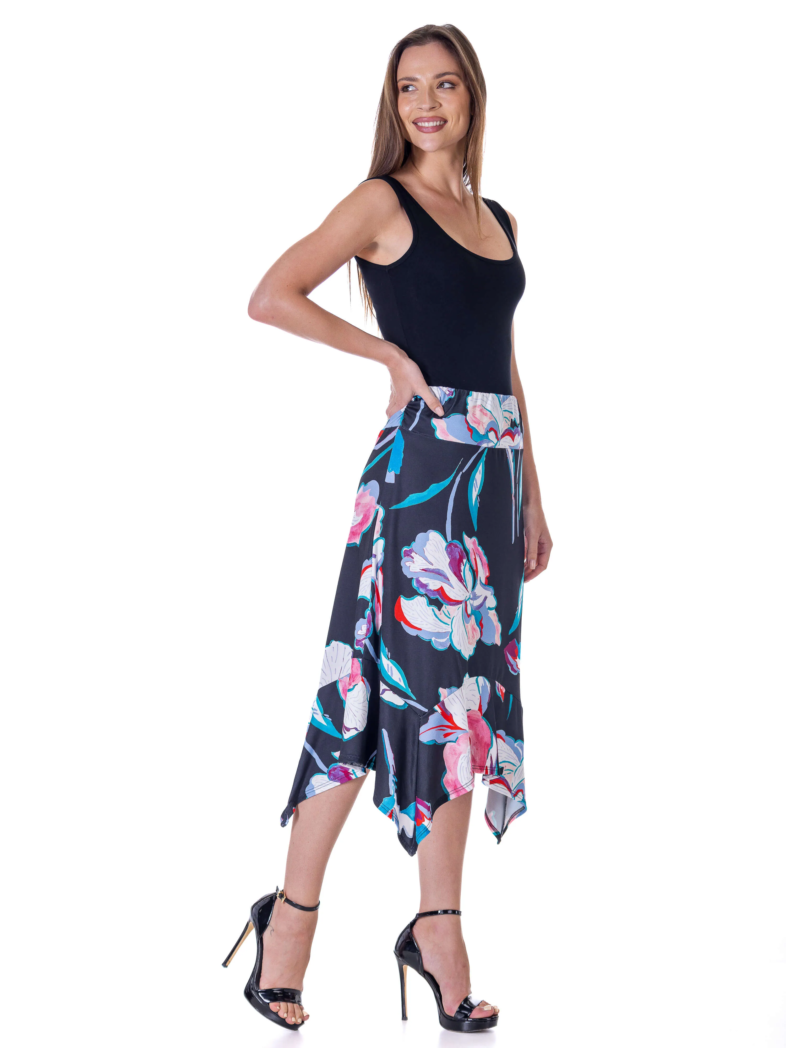 Womens Elastic Waist Floral Knee Length Handkerchief Hemline Skirt