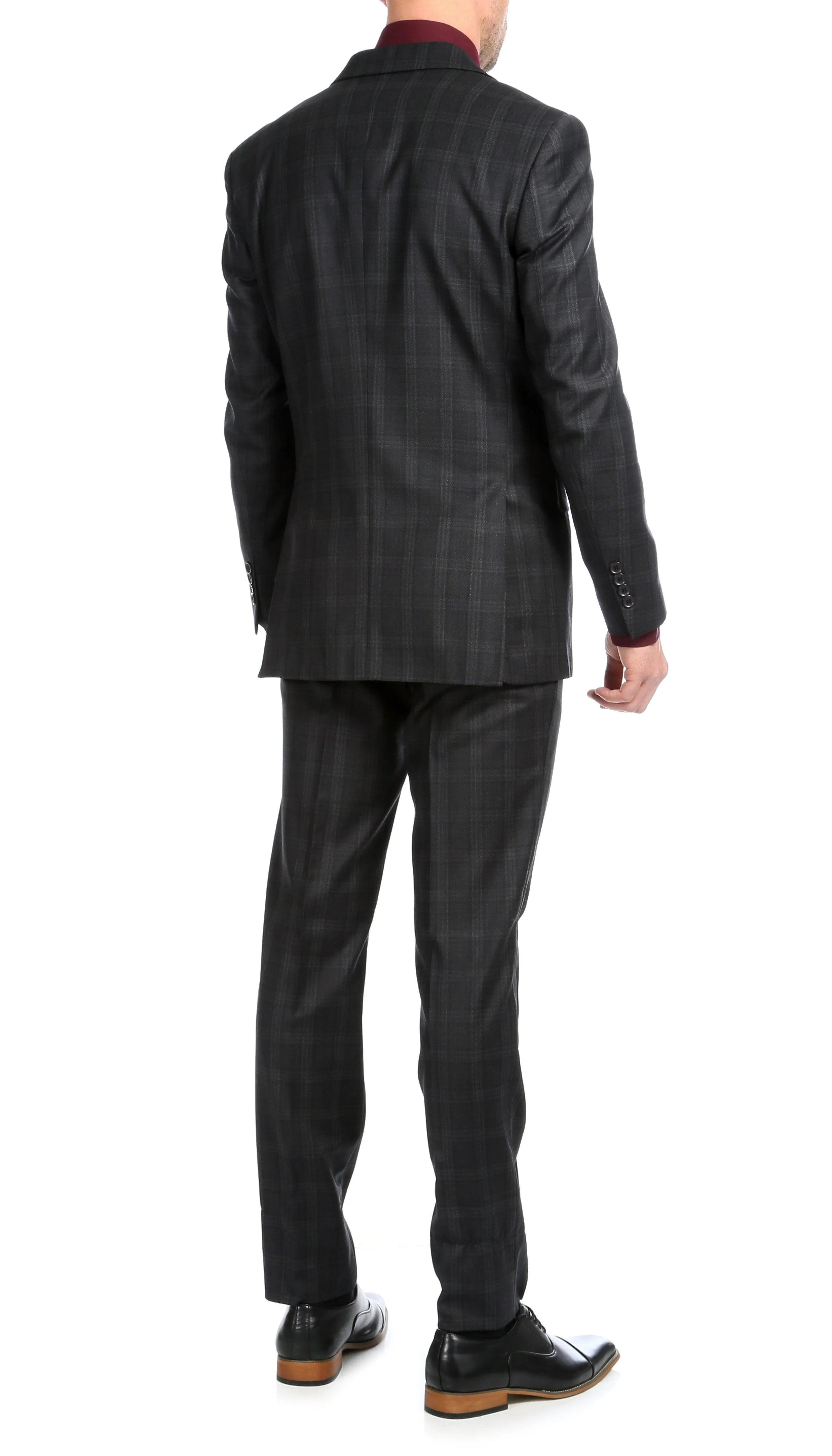 Yves Black Plaid Check Men's Premium 2 Piece Wool Slim Fit Suit