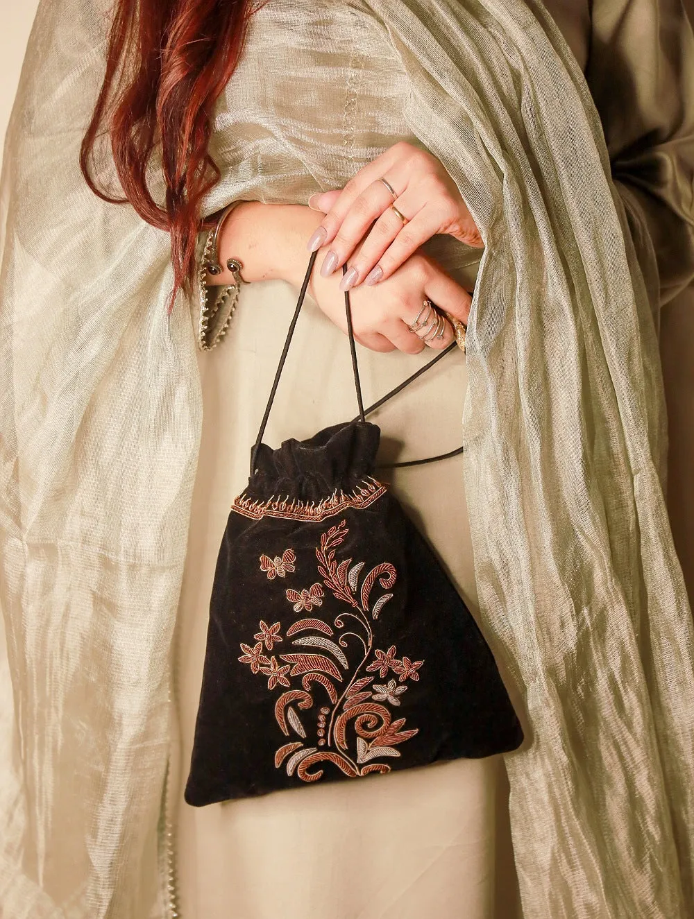 Zardozi and Resham Embroidered Evening Potli Bag - Black Floral